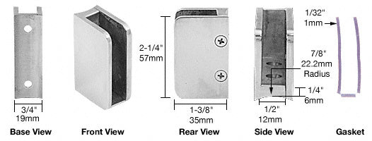 CRL Polished Stainless 3/8" Closed Bottom Left Hand Radius Base Glass Clip