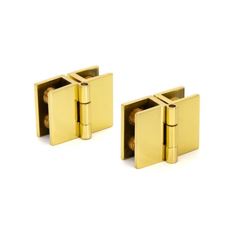 FHC Mini Glass-To-Glass Set Screw Outswing Hinges For 3/16" To 1/4" Glass - Polished Brass - 2pk