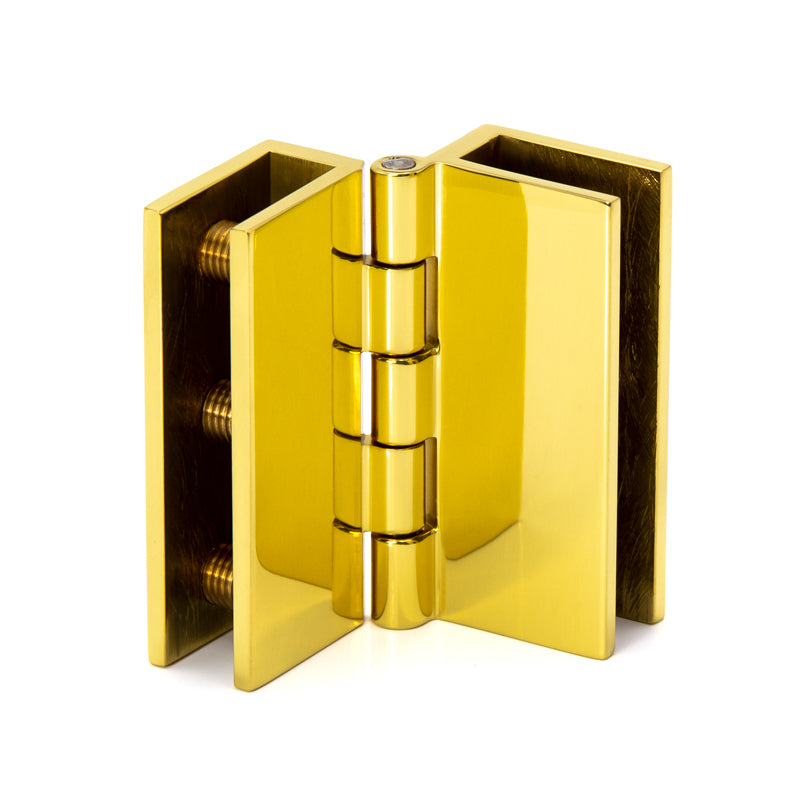 FHC Large Glass-To-Glass Set Screw Outswing Hinges For 3/16" To 5/16" Glass - Polished Brass - 2pk
