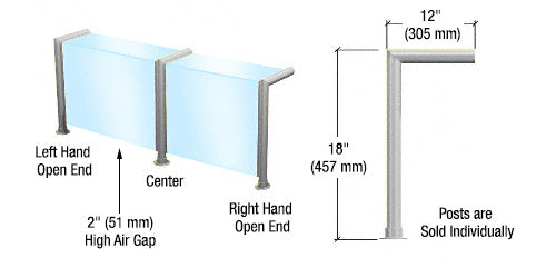 CRL Elegant Series Right Hand Open End Sneeze Guard for 3/8"(10mm) Glass, 18"High, 12" Shelf, 1-1/2" Diameter, 2" Air Gap